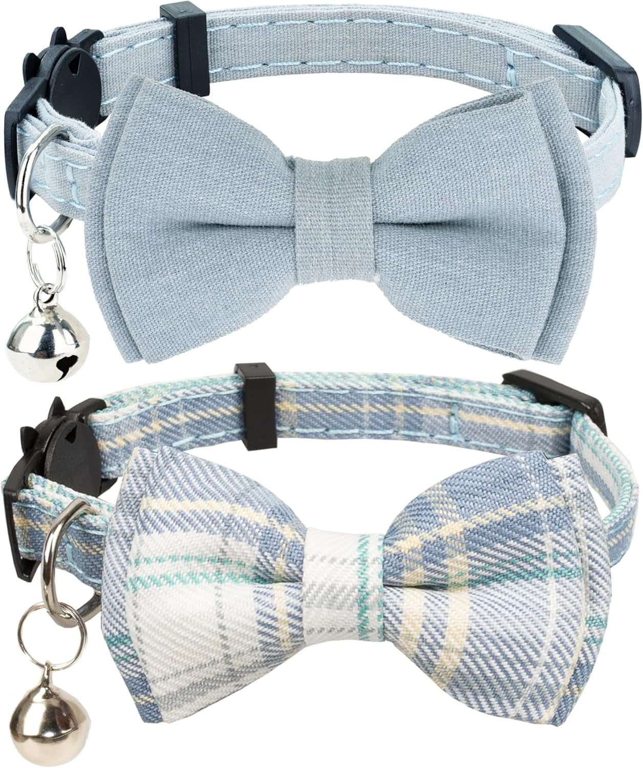 cat-collar-breakaway-bowtie-safety-with-bell-adjustbale-kitten-puppy-solid-plaid-color-set-d-2pcs-pink-2