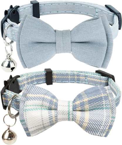 Cat Collar Breakaway Bowtie Safety with Bell Adjustbale Kitten Puppy Solid Plaid Color Set D-[2Pcs] Pink-214