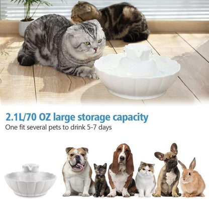 Ipettie Tritone Ceramic Cat Water Fountain, Heavy-Duty Waterer for Pets | 2.1 Liters / 2.2 Quart Filtered Water Purifier with Replacement Filters and Foam, White2