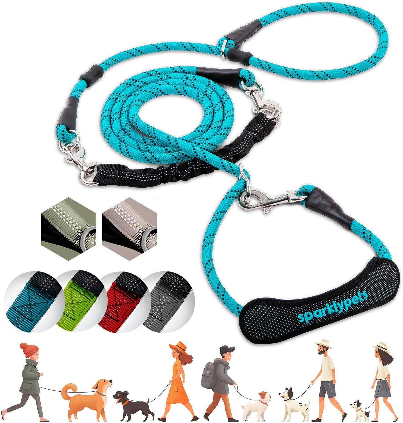 sparklypets-double-dog-leash-for-2-dogs-rope-bungee-dual-leash-for-medium-and-large-breeds-with-padded-handles-tangle-free-teal-medium-large