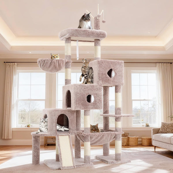 Hey-Brother Cat Tree Tower with 3 Condos, Step Climbing Pathway MPJ081G | 74.8 Inches Scratching Post with 3 House, Hammock, Large Basket, Cozy Bed, Sisal Board, Toys for Big Indoor Cats, Smoky Gray15
