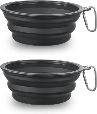 Large Dog Bowl Pet Collapsible Bowls, 2 Pack Collapsible Dog Water Bowls for Cats Dogs, Portable Pet Feeding Watering Dish for Walking Parking Traveling with 2 Carabiners (Large, Black+Black)1