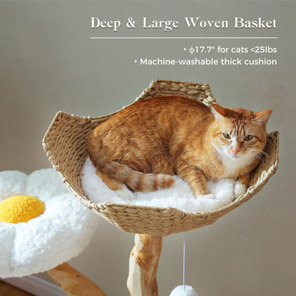 PAWZ Road 59" Modern Cat Tree, Natural Wood Cat Tower for Large Cats White | Wicker Basket Bed&2 Flower Perches for Multi-Cat, Cat Tree Tower with Large Condo&Hammock, Solid Wood Cat Tree House6