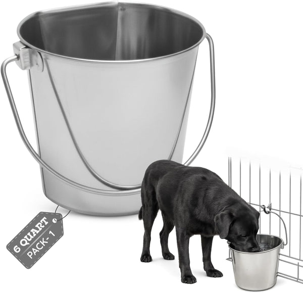 9 Quart Stainless Steel Flat Side Bucket | 2.25 Gal Durable Heavy Duty Food & Water Feeding Pails for Dog Goat Sheep Horse | Fits Kennel Cage Critter Crate Hanging Pet Pail | Multipurpose10
