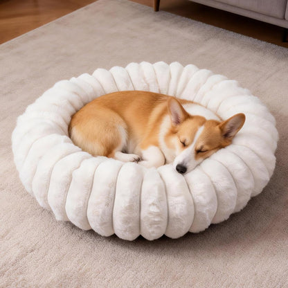 Donut Dog and Cat Bed, Luxurious Comfortable Faux Rabbit Fur Pet Beds, round Anti-Anxiety Calming Puppy Kitten Bed with Anti-Slip Bottom for Small Medium Dogs & Cats(20", White)18
