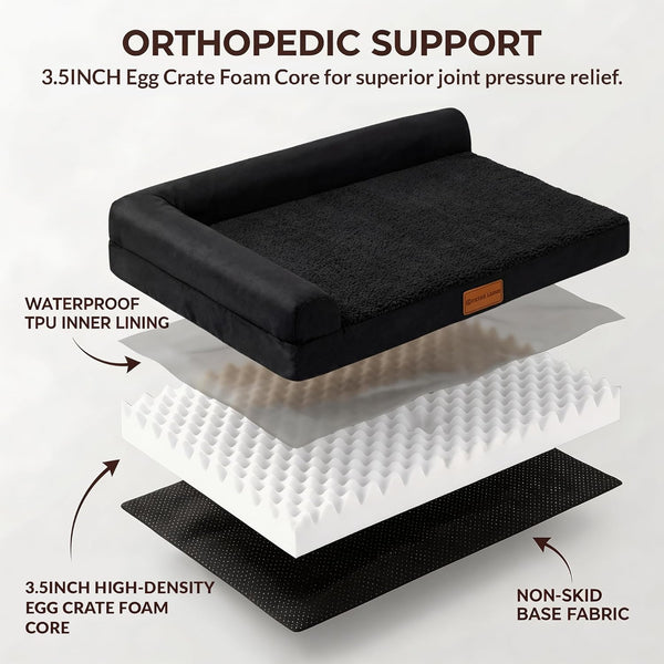 Patas Lague Orthopedic Large Dog Bed Pet Sofa Beds 36''X24'' Black | L Bolster Egg-Crate Foam Dog Couch for Large Sized Dogs, Waterproof Removable Washable Cover, Pet Mat with Nonskid Bottom4