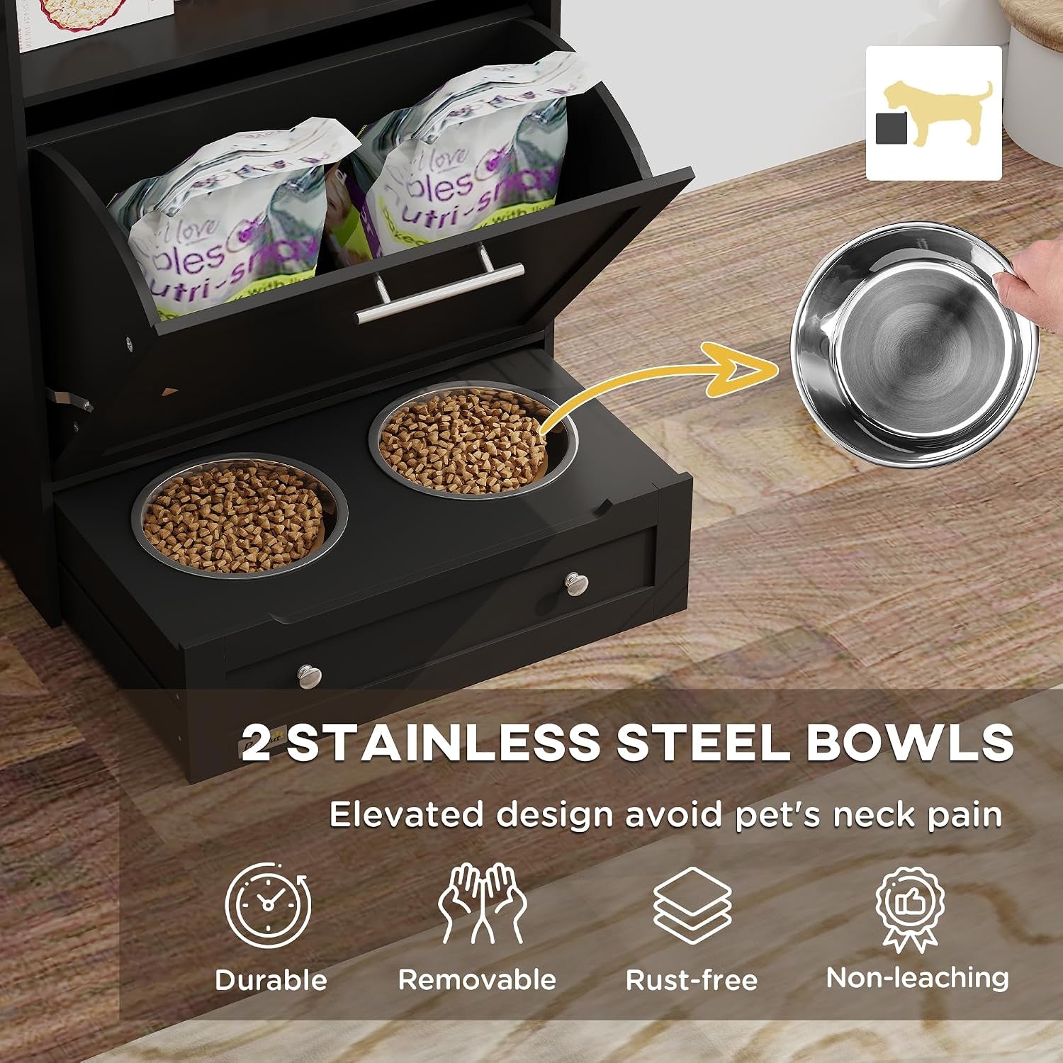 pawhut-dog-feeding-station-with-raised-bowls-pet-feeder-station-black-dog-food-storage-cabinet-hanger-for-feeding-watering-supplies