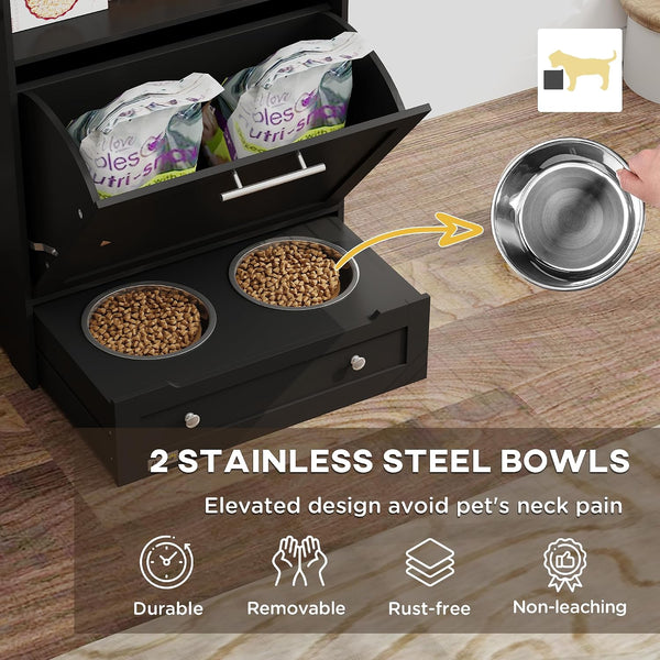 Pawhut Dog Feeding Station with Raised Bowls, Pet Feeder Station, Black | Dog Food Storage Cabinet, Hanger for Feeding & Watering Supplies3