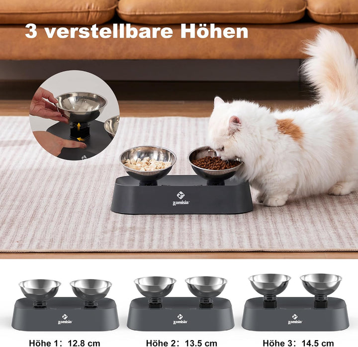 ZOMISIA Raised Cat Food and Water Bowls with 3 Height for Indoor Cats, 15° Tilted in Both Ways Elevated Base anti Vomiting Cat Dishes, anti Spill for Puppies+2