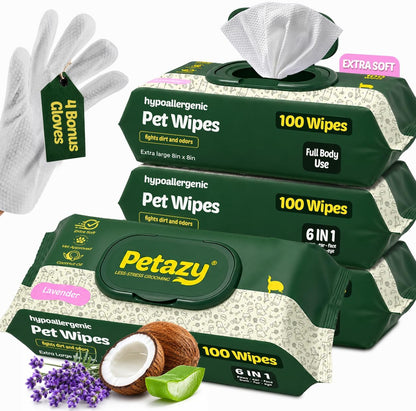 Petazy Pet Wipes for Dogs and Cats – 400 Count (8X8In) Hypoallergenic, Deodorizing Dog Wipes for Paws, Ears and Butt | XL with Aloe & Coconut Oil, Lavender Scented | Includes 4 Grooming Glove Wipes1