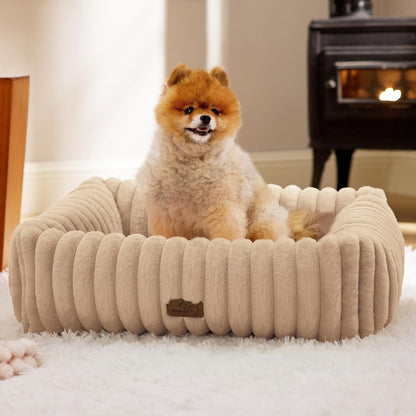 Bedsure Comfyfleece™ Cute Dog Bed for Small Medium Dogs Washable,25In Cream | Furry Puppy Beds,Square Rectangle Orthopedic Corduroy Aesthetic Pet Beds,Removable Zipper Cover,Non-Slip Bottom,Up to 15 Lbs46