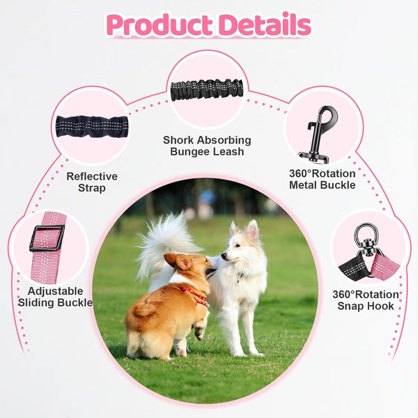 Double Dog Leash - 360°Swivel Tangle Free Splitter Attachment, 2 Dogs Multi-Functional Leashes, Dual Rope for Outdoor Walk Train Small Medium Large Two Pet, Pink3
