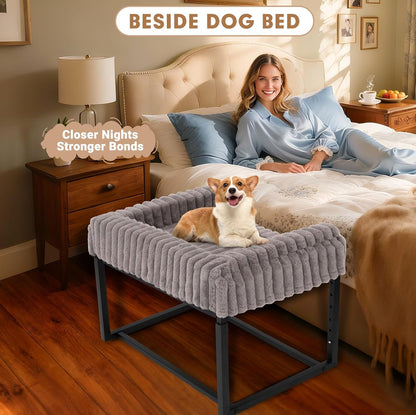 Bedside Dog Bed Adjustable Elevated Bunk Lounge Dog Bed Attach to Human Bed | Dog & Cats Window Perch, 25"X18" Metal Frame Pet Bedside Co-Sleeper with Thick Supportive Cushion Mattress & Washable Cover3
