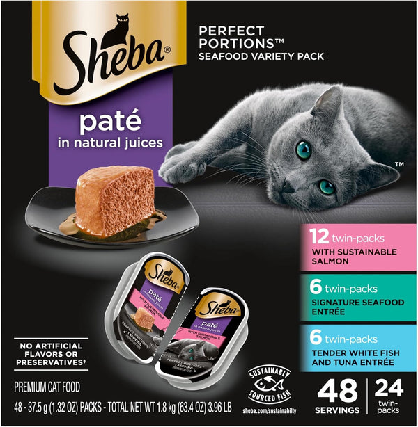 Sheba Perfect Portions Pate Wet Cat Food, Seafood Variety, 2.6 Oz, 24 Ct | Grain-Free, Made in USA, Sustainable Salmon, Signature Seafood & Whitefish Tuna, No Artificial Flavors, Twin-Pack Trays1
