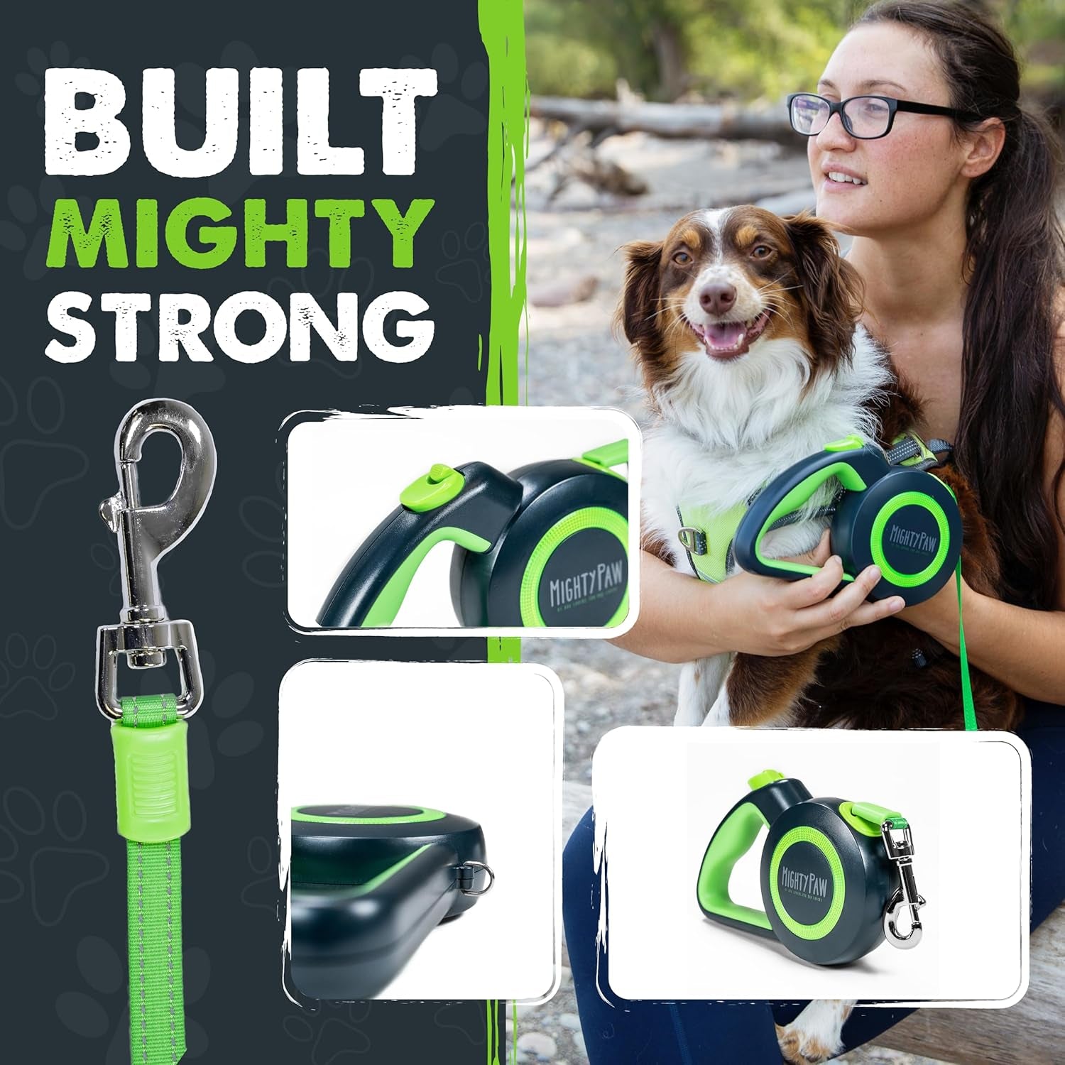 mighty-paw-retractable-dog-leash-2-0-16-ft-for-medium-dogs-heavy-duty-reflective-nylon-tape-tangle-free-swivel-clip-one-touch-quick-lock-brake-reflective-ring-anti-slip-handle