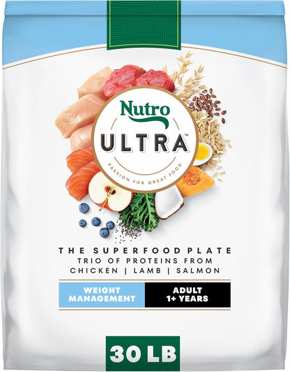 Nutro Ultra Weight Management Dry Dog Food, Chicken, Lamb & Salmon, 30 Lb | Non-Gmo, Tailored Protein & Fat for Weight Loss, 14 Superfoods, Essential Antioxidants, No Corn, Wheat, or Soy, Omega 3 & 61