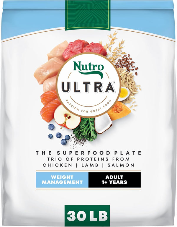 Nutro Ultra Weight Management Dry Dog Food, Chicken, Lamb & Salmon, 30 Lb | Non-Gmo, Tailored Protein & Fat for Weight Loss, 14 Superfoods, Essential Antioxidants, No Corn, Wheat, or Soy, Omega 3 & 61