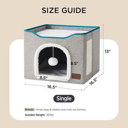 Bedsure Cat House Bed for Indoor Cats with Fluffy Ball and Scratch Pad,Grey | 16.5X16.5X13 In,Large Cat Cave for Multiple Pets,Foldable Cat Hideway Cube for Sleeping Kitten7