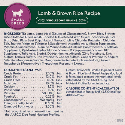 Natural Balance Limited Ingredient Small Breed Dry Dog Food - Complete Nutrition for Small Breeds - Wholesome Grains Brown Rice Recipe - Limited Ingredient Formula - 12 Lb - Lamb & Brown Rice8