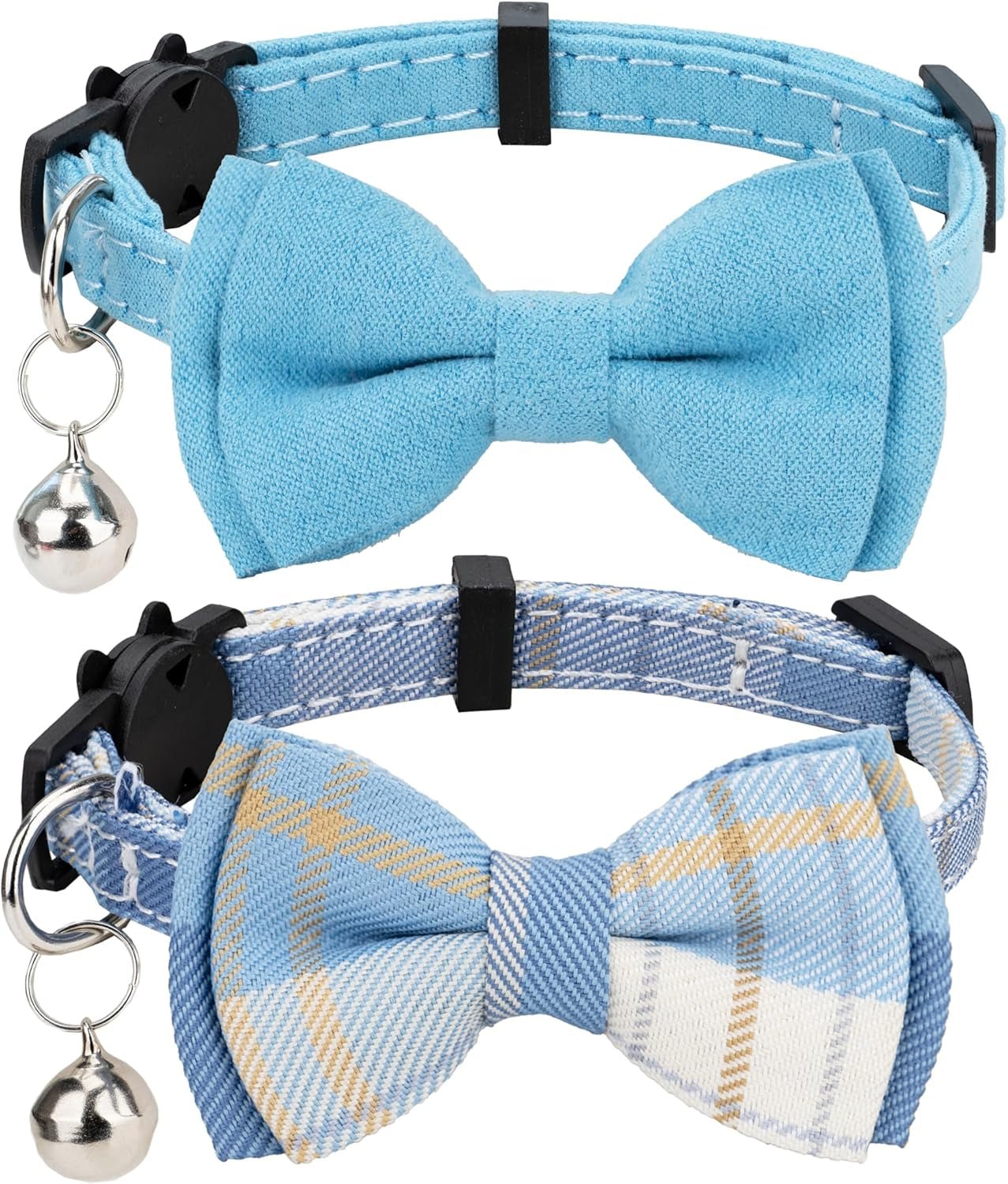cat-collar-breakaway-bowtie-safety-with-bell-adjustbale-kitten-puppy-solid-plaid-color-set-d-2pcs-pink-2
