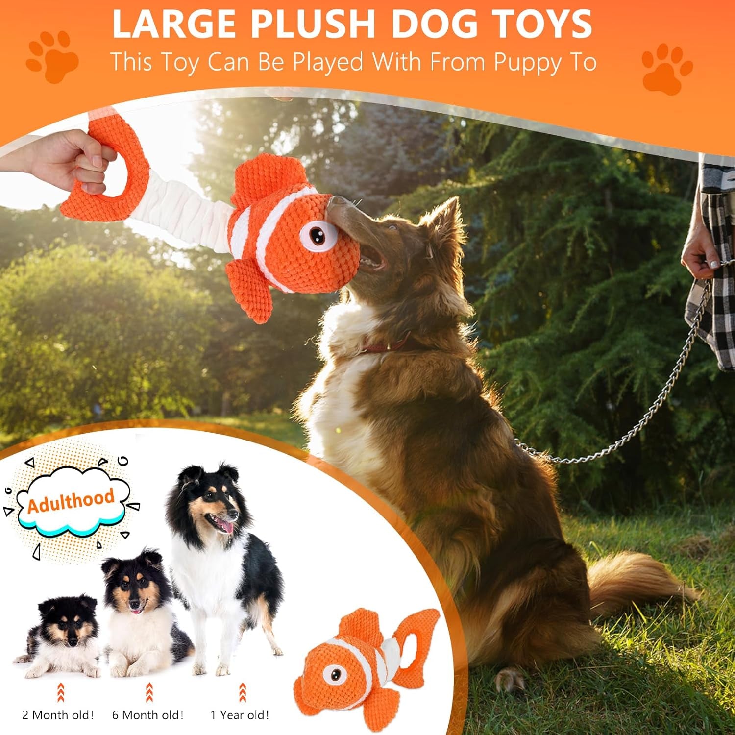 squeaky-clownfish-dog-toy-plush-crinkle-tug-toy-with-handle-pineapple-cotton-plush-with-squeaker-crinkle-paper-stretchable-body-and-tug-handle-for-interactive-indoor-or-outdoor-play