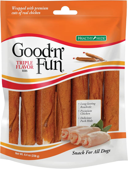 Good ‘N’ Fun Triple Flavor Ribs Chews for All Dogs, Treat Your Dog to Long-Lasting Chews Made with Beef Hide, Chicken and Pork Hide, 12 Oz12