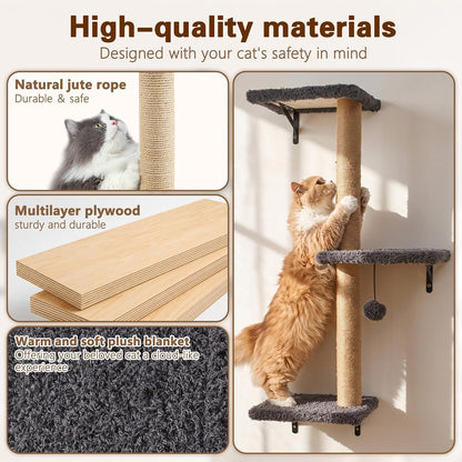 6-In-1 Cat Wall Shelves for Indoor Cats, Wall Mounted Furniture with Bed, Cave, Perch & Scratching Post, Multi-Level Climbing System, Space-Saving Playground, Natural Wood Gray3