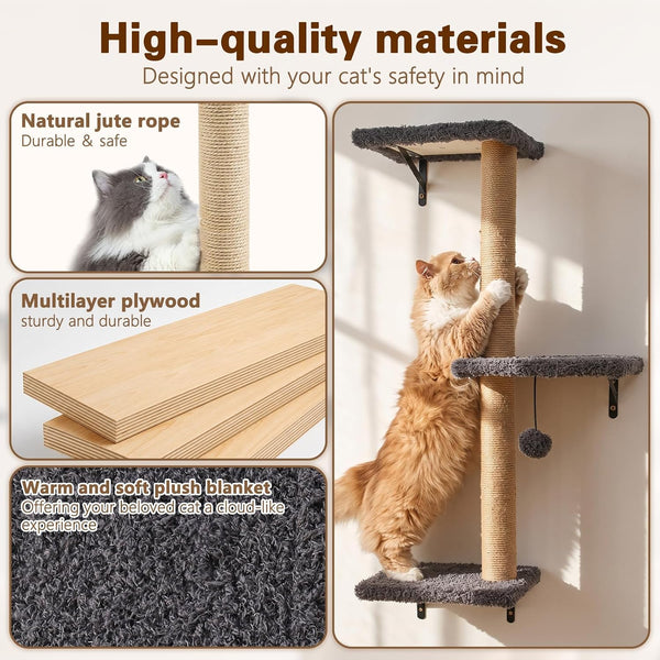 6-In-1 Cat Wall Shelves for Indoor Cats, Wall Mounted Furniture with Bed, Cave, Perch & Scratching Post, Multi-Level Climbing System, Space-Saving Playground, Natural Wood Gray3