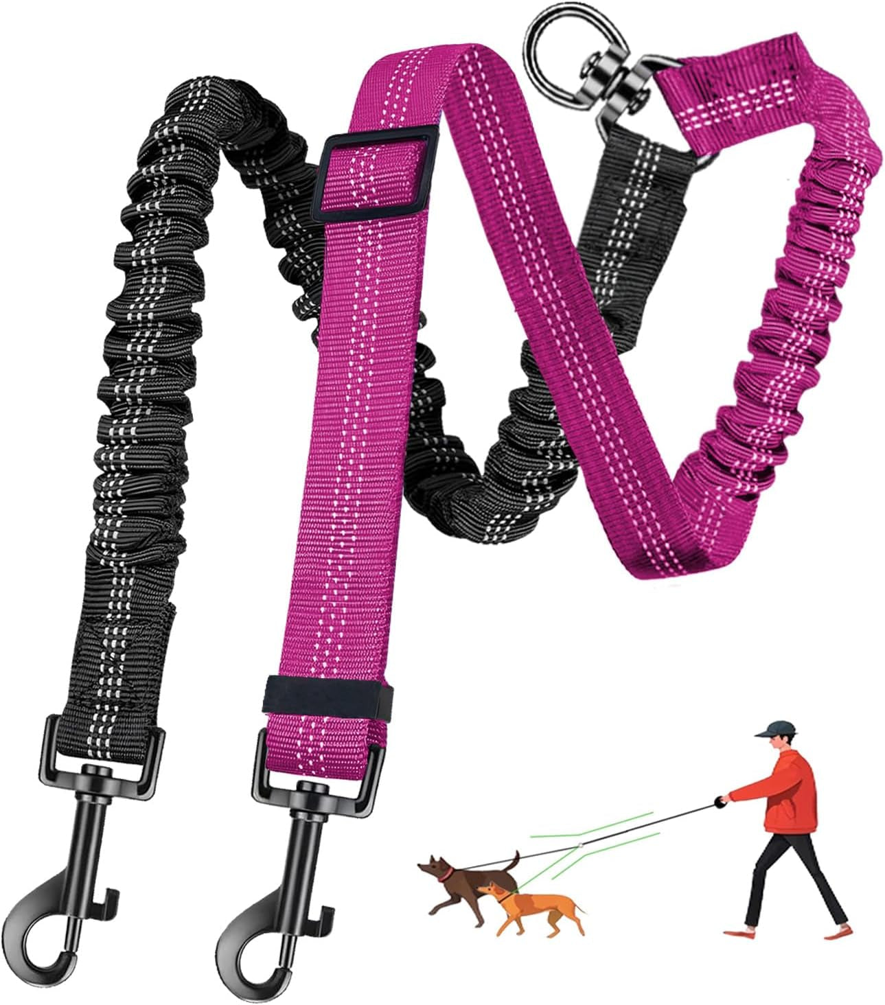 double-dog-leash-360-swivel-tangle-free-splitter-attachment-2-dogs-multi-functional-leashes-dual-rope-for-outdoor-walk-train-small-medium-large-two-pet-pink