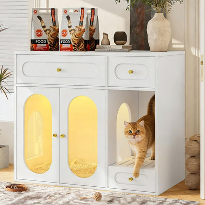 Hidden Cat Litter Box Enclosure Furniture with LED Light, Modern Litter Box Cabinet with Drawers & Acrylic Door, Multi-Entry Cat House Sideboard for Living Room, 37.4"W X 15.6"D X 31.5"H,White7