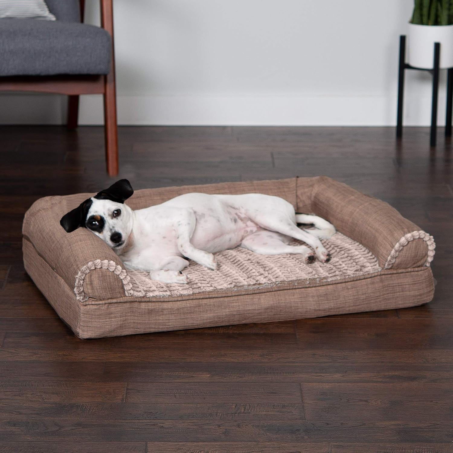 furhaven-memory-foam-dog-bed-for-medium-small-dogs-w-removable-bolsters-washable-cover-for-dogs-up-to-35-lbs-luxe-faux-fur-performance-linen-sofa-woodsmoke-medium