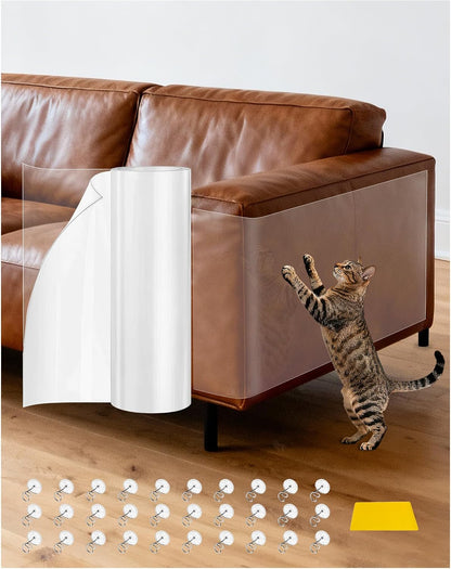 Cat Scratch Furniture Protector Couch - 1 Roll Clear PET 7.9 X 196.8 Inch | Protects Couch from Cat Claws, Strong Adhesion, Grid Backing, 1 Scraper, 30 Twist Pins, for Sofa, Armchair, Door, Wall, Bed1