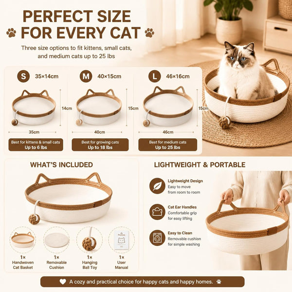 Handwoven Cat Basket Bed, Cotton Rope round Cat Scratcher Bed with Cats Ear Handles, Breathable Boho Nesting Pet Bed for Kittens and Indoor Cats (Color D,Small)7