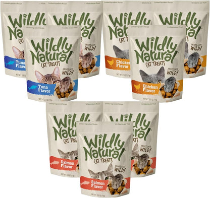 Fruitables Wildly Natural Cat Treat Variety of 9 Chicken Tuna Salmon 2.5Oz | Low Calorie, Crunchy Training Biscuits with Pumpkin Superfoods - Wheat Corn, Soy Free - USA Made1