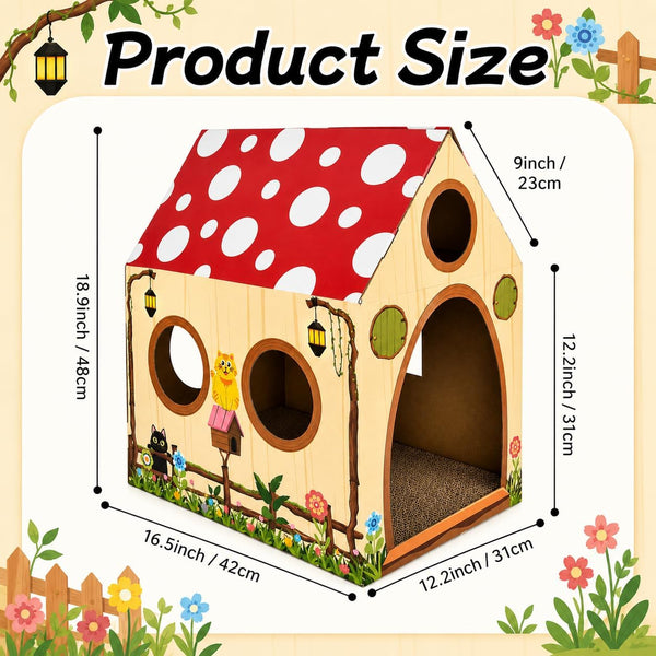 Cinrobiye Cardboard Cat House with Scratcher, Indoor Cat Condo Cat Cave Hideout with Scratch Pad, Cardboard Cat Playhouse Bed for Cats, Kittens, Rabbits & Small Pets (Mushroom)2