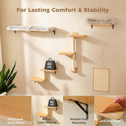 PAWZ Road Cat Wall Shelves, Modern Cat Wall Furniture with Sisal Posts | 5-In-1 Wall Mounted Cat Tree ,Wood Cat Shelves with Long Perch,Cat Wall Climber Holds up to 40Lbs for Large Indoor Cats3