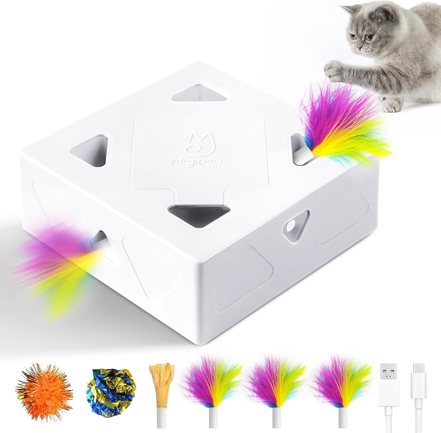 interactive-cat-toys-migibox-for-indoor-bored-cats-automatic-pop-out-feathers-from-7-holes-randomly-motion-activated-usb-rechargeable-purple-skin
