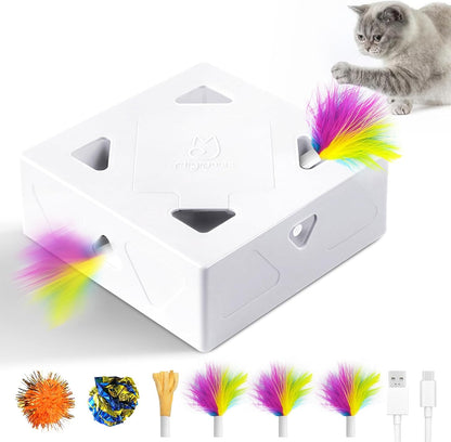 Interactive Cat Toys -Migibox for Indoor Bored Cats, Automatic Pop Out Feathers from 7 Holes Randomly, Motion Activated, USB Rechargeable (Purple Skin)1