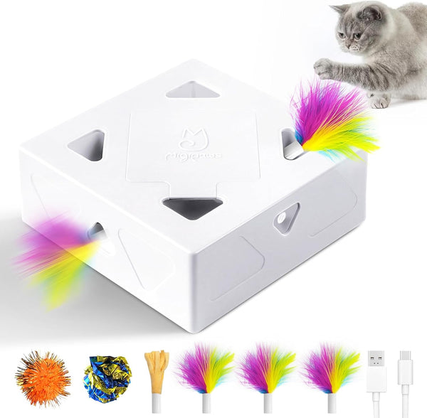 Interactive Cat Toys -Migibox for Indoor Bored Cats, Automatic Pop Out Feathers from 7 Holes Randomly, Motion Activated, USB Rechargeable (Purple Skin)1