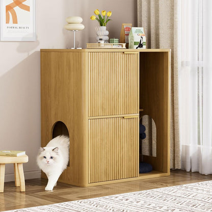 Cat Litter Box Enclosure Furniture, 2 Storey Hidden Litter Box Cabinet with Scratching Post & Storage Shelf, Fluted Modern Litter Box Enclosure for Living Room, Bedroom,Natural5