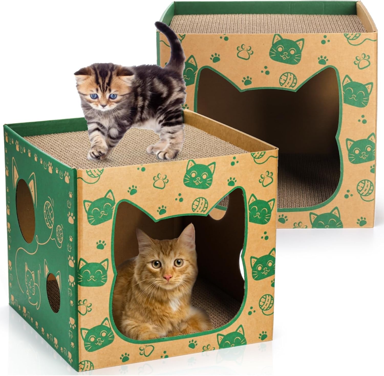 pumtus-2-pack-cardboard-cat-houses-cat-play-house-with-2-pcs-scratching-pad-corrugated-kitten-hideaway-cave-cute-cats-condos-box-cat-scratching-toy-scratcher-bed-for-indoor-cats-kittens-bunny