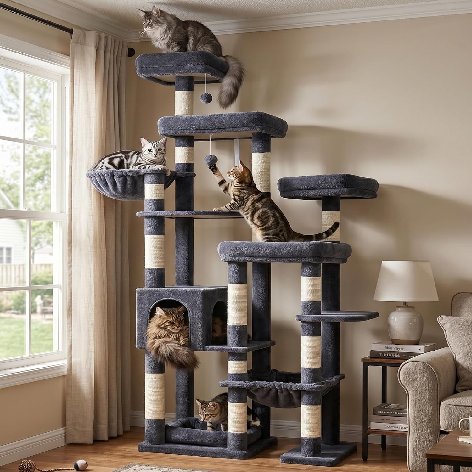 hey-brother-cat-tree-tower-wide-base-5-platforms-for-multi-cats-mpj074mj-72-8-inches-tall-furniture-5-plush-beds-large-condo-big-hammocks-sisal-scratching-posts-for-indoor-adult-cat-beige-brown