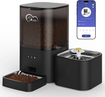 DOEL 2.4Ghz Wifi Automatic Cat Feeder and Water Fountain, 6L/24 Cups Timed Dry Food Dispenser for 2.5 Weeks, with APP Remote Control, Voice, for Small Medium Dog Puppy Kitten1