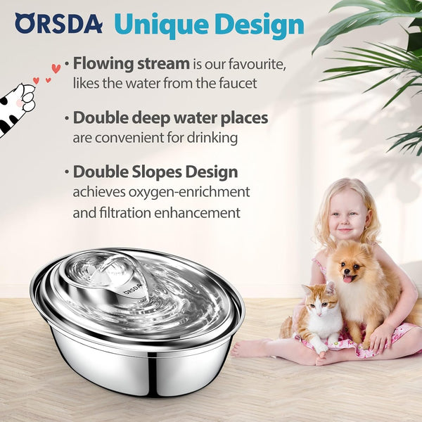 ORSDA Cat Water Fountain Stainless Steel, 2L Pet Fountain for Cats Inside, Dog Water Dispenser, Automatic Cat Drinking Fountains with 6 Replacement Filters for Cats, Small Dogs2