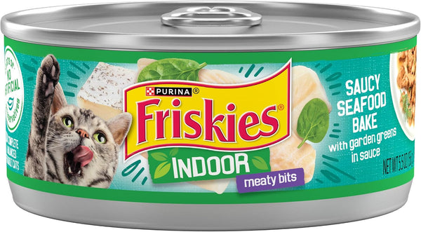 Purina Friskies Indoor Cat Food Meaty Bits Saucy Seafood Bake with Garden Greens in Sauce - (Pack of 24) 5.5 Oz. Cans1