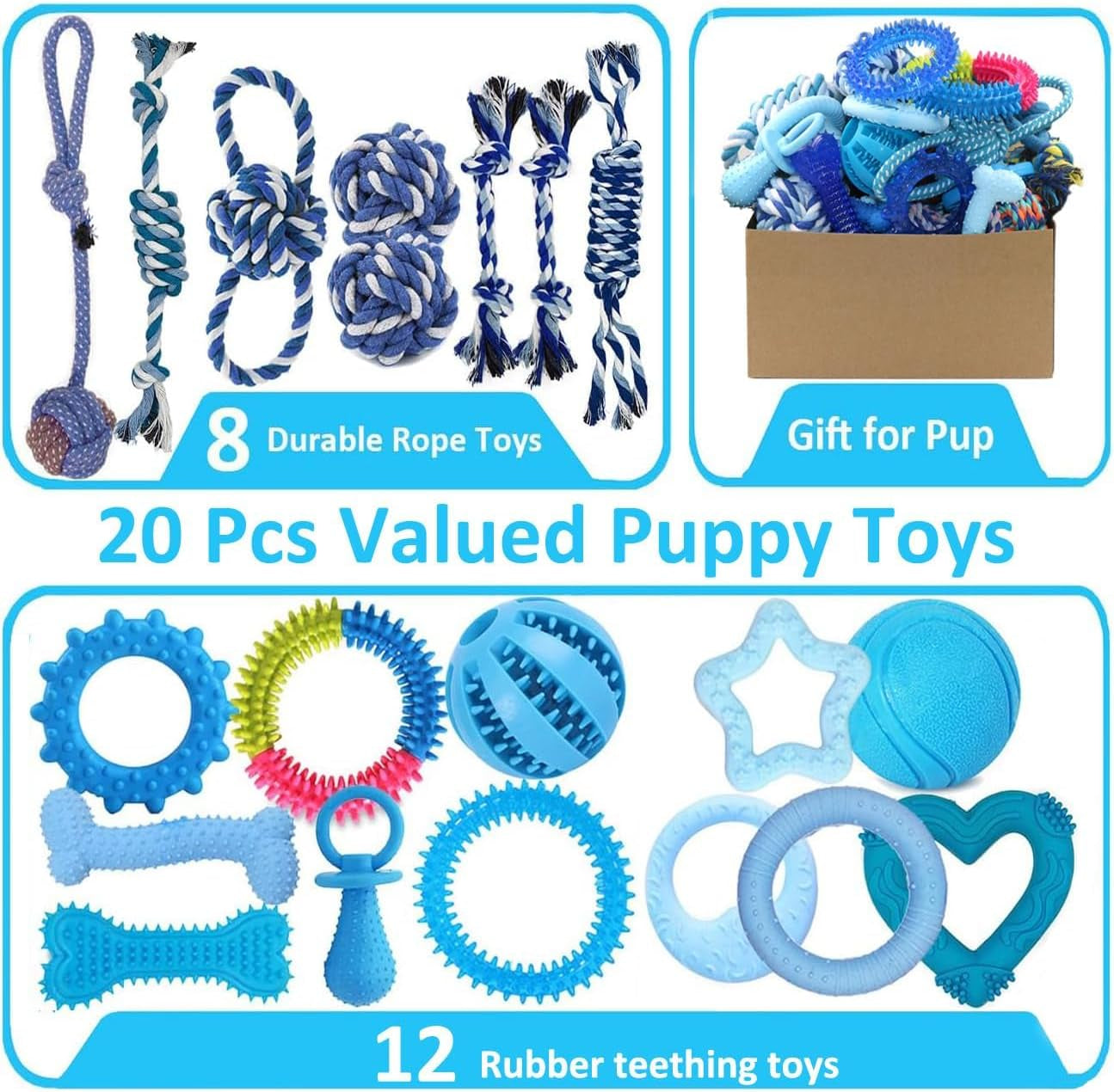 beiker-20-pack-puppy-chew-toys-blue-dog-teething-toys-for-puppies-puppy-teething-rings-and-ropes-rubber-toy-bundle-for-small-dogs-cute-interactive-dog-balls-for-small-breed