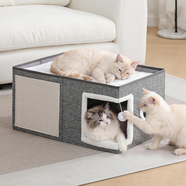 Large Cat Houses for Indoor Cats with Fluffy Ball and Scratch Pad | Foldable Cat Bed Cave for Multiple Pets, Kitten Bed for All Seasons, Non-Slip, Hold up to 30LBS, 16X16X13Inch, Grey9