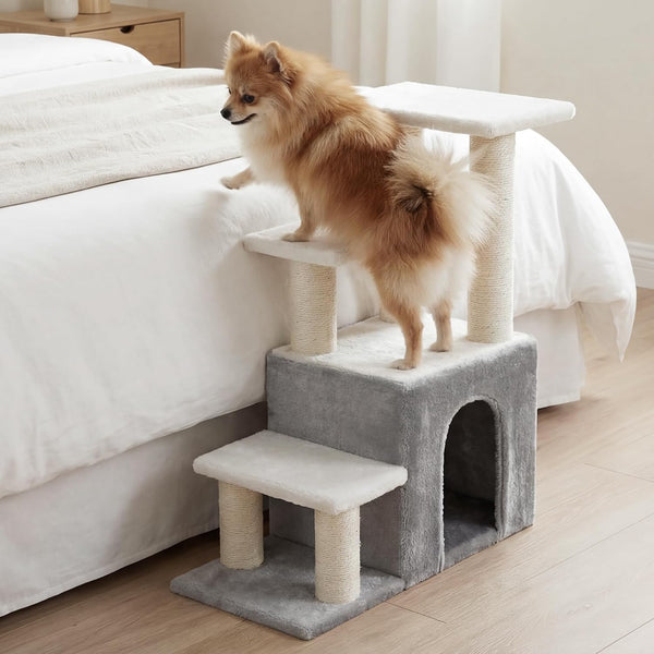Heybly Cat Scratching Post, Pet Steps for Indoor Cats and Dogs, HSP002SWWH | Small Cat Tree with Cat Condo, Pet Stairs with Full Wrapped Sisal Posts & Soft Plush Fabric, Light Gray & White8
