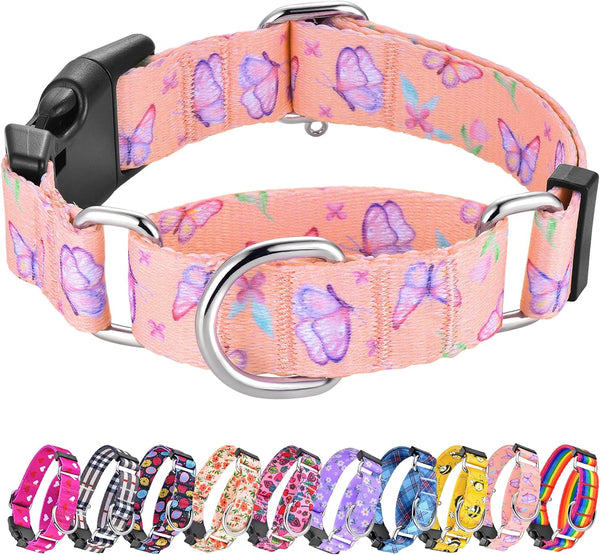 Hikiko Martingale Collar for Dogs Adjustable Soft Nylon Dog Collars with Cute Patterns for Small Medium Large Dog（Pink Butterfly,Medium）1