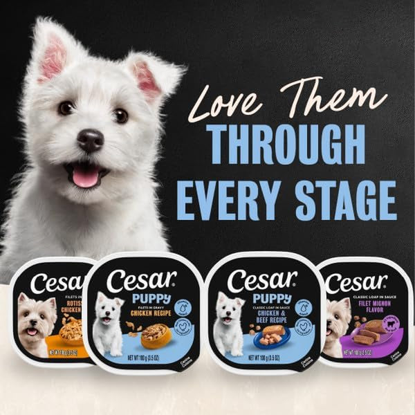 Cesar Puppy Classic Loaf Wet Dog Food, Chicken & Beef, 3.5 Oz, 24 Count | Real Chicken #1 Ingredient, Made in USA, No Fillers or Artificial Flavors, Essential Nutrients, Slow-Cooked, Easy Peel Trays8